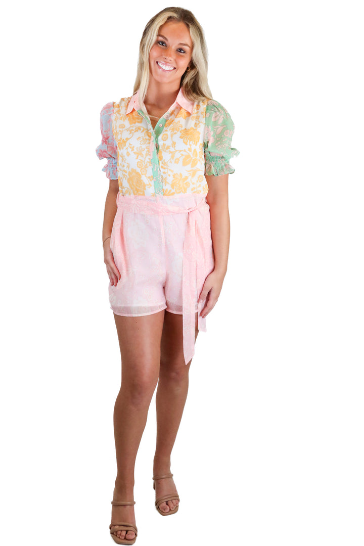 petal and pup colorblock floral romper (xs)