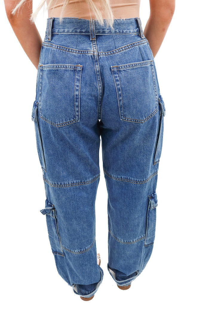 grlfrnd medium wash cargo jeans (27; retail $220)