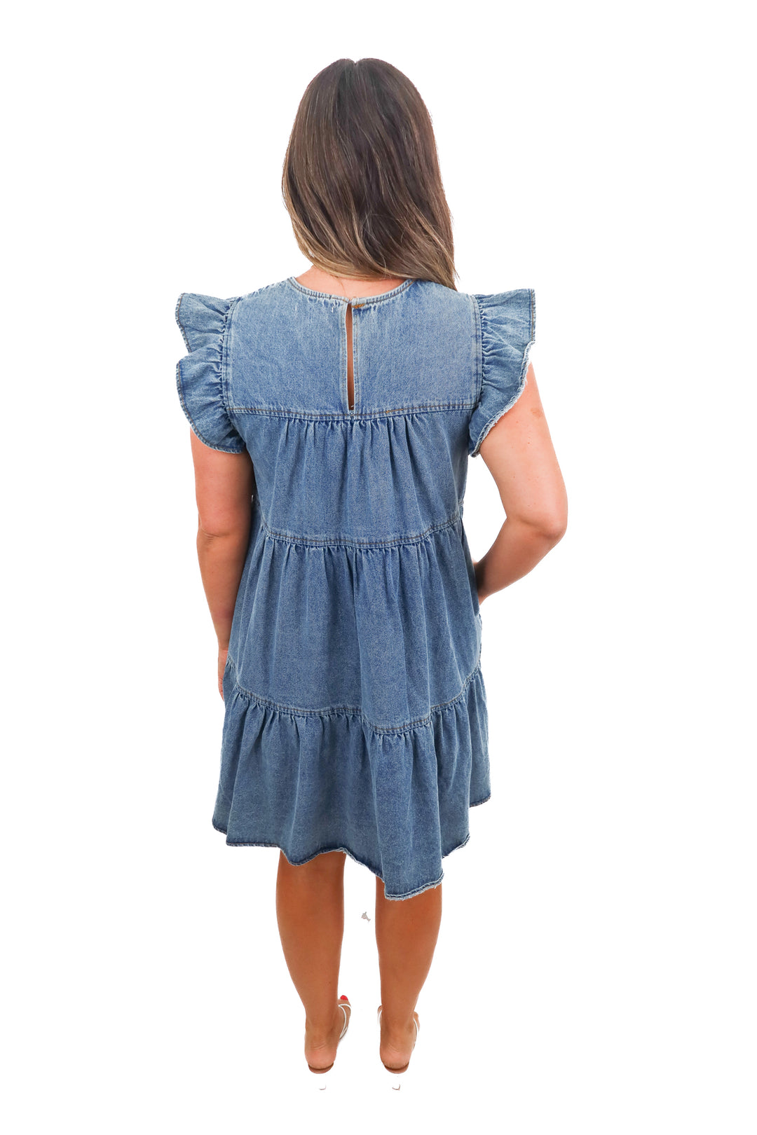 altard state denim ruffle dress (m; retail $75)