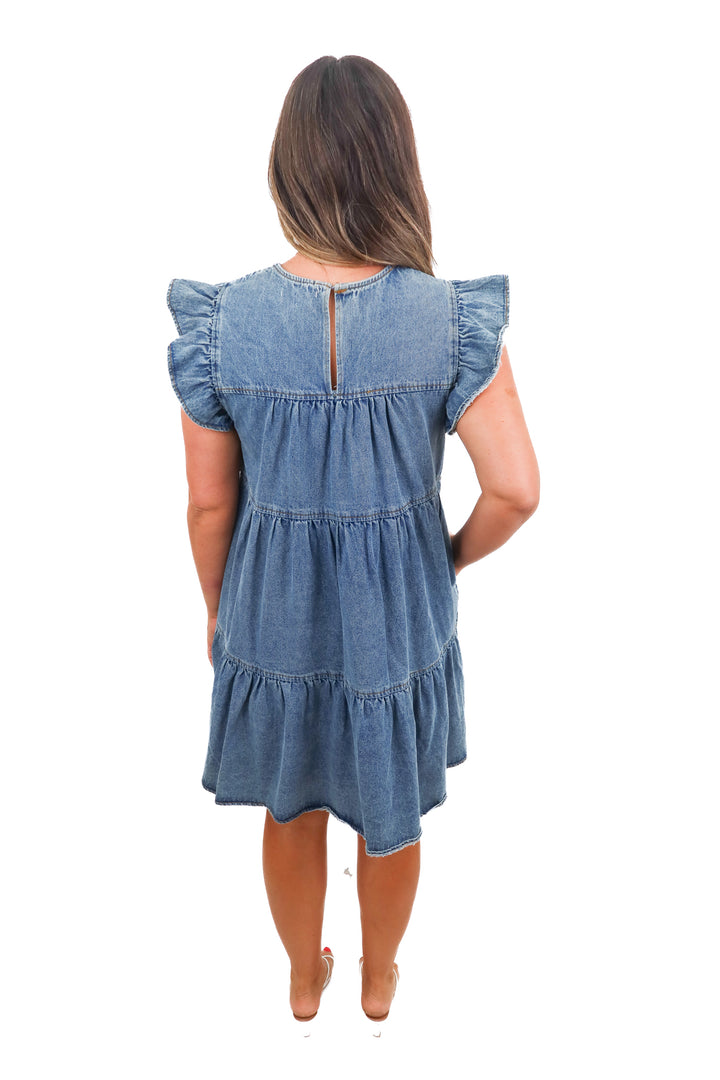 altard state denim ruffle dress (m; retail $75)