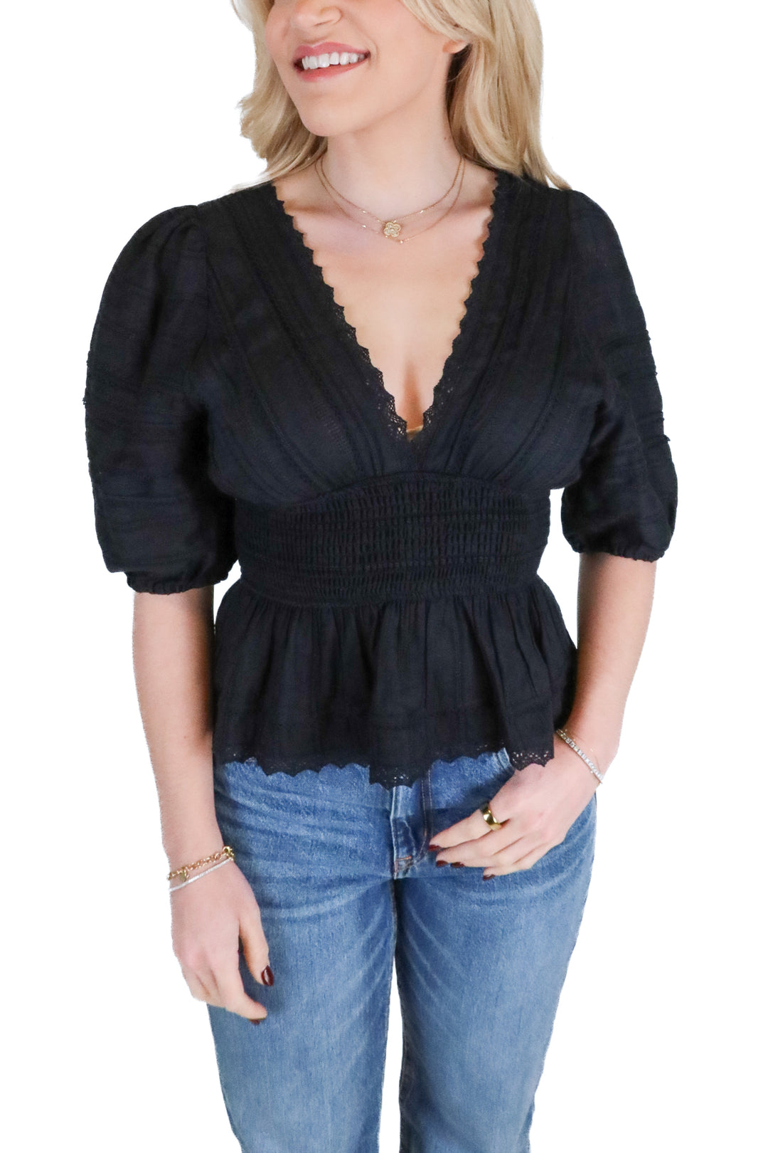 Vici Black Lace Trim Smocked Top (S; retail $54)