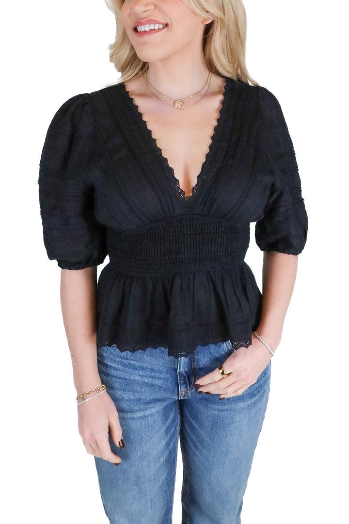 Vici Black Lace Trim Smocked Top (S; retail $54)