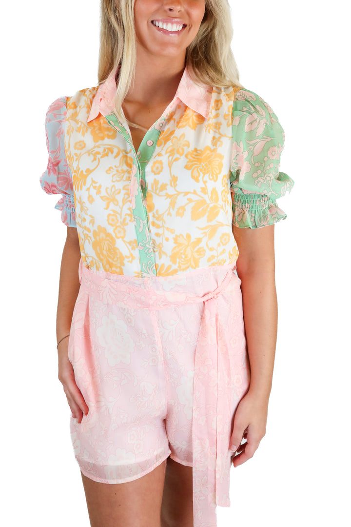 petal and pup colorblock floral romper (xs)