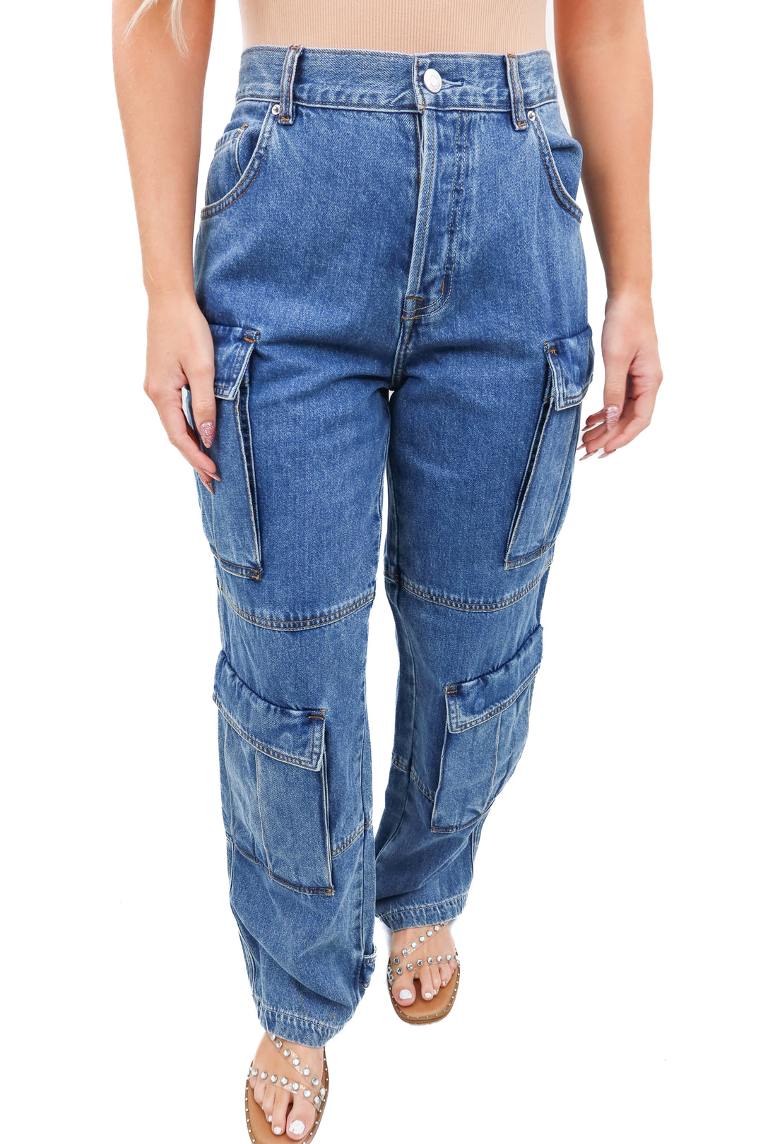 grlfrnd medium wash cargo jeans (27; retail $220)