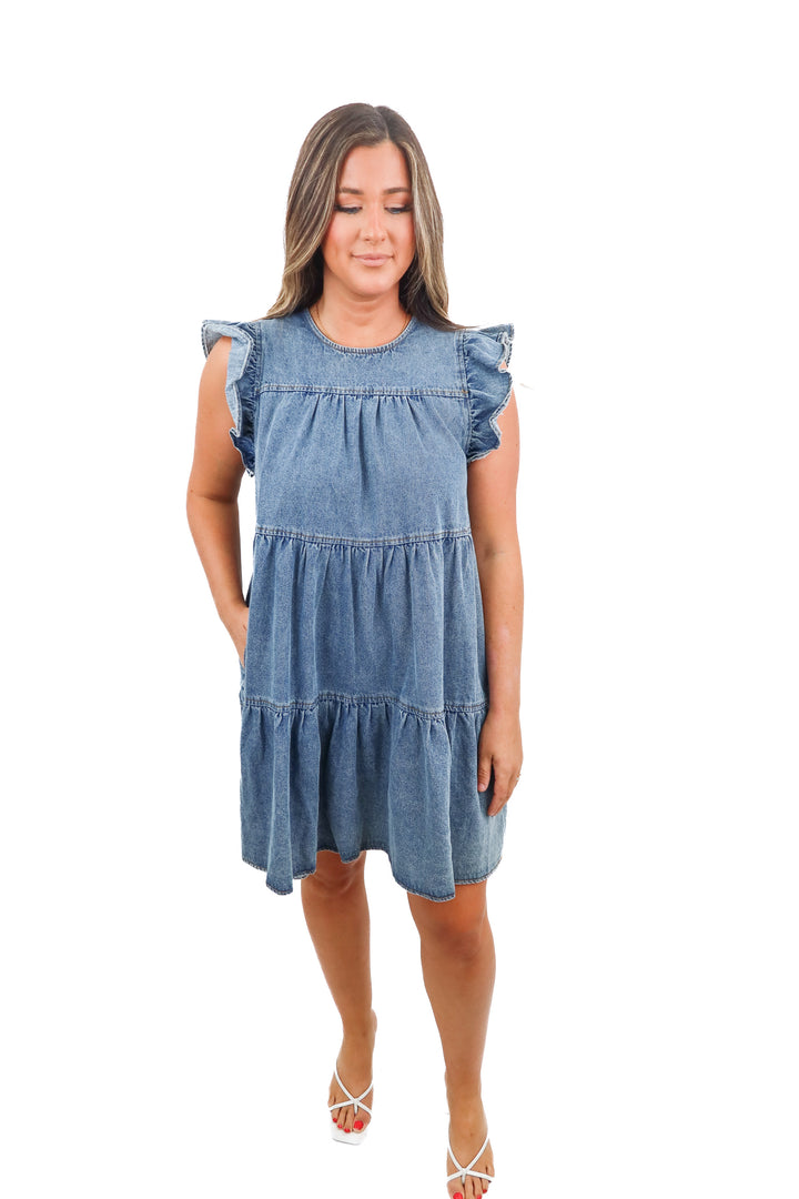 altard state denim ruffle dress (m; retail $75)