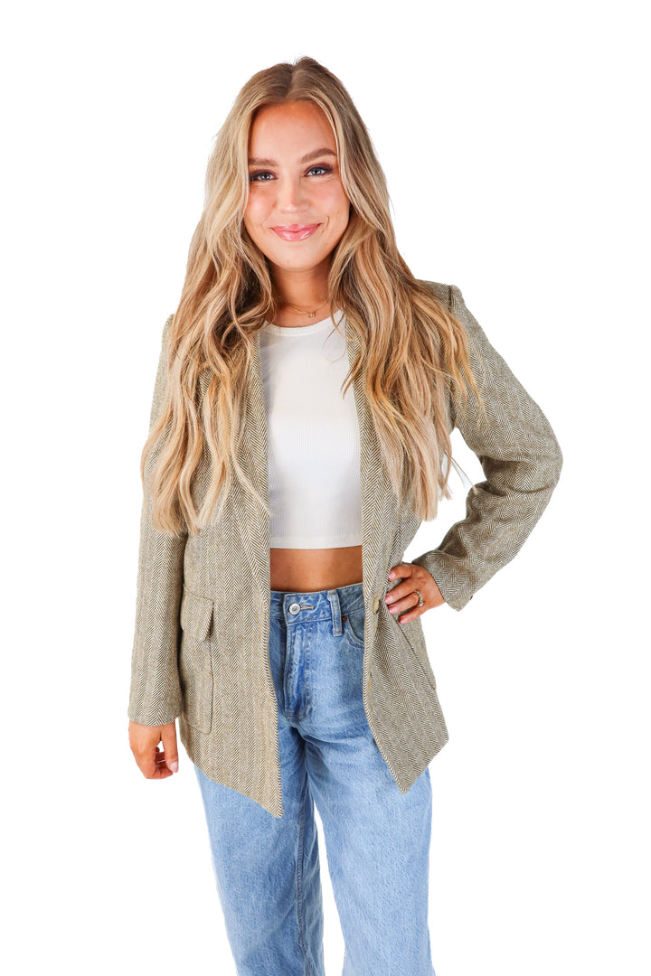 motf green chevron wool blazer (M)