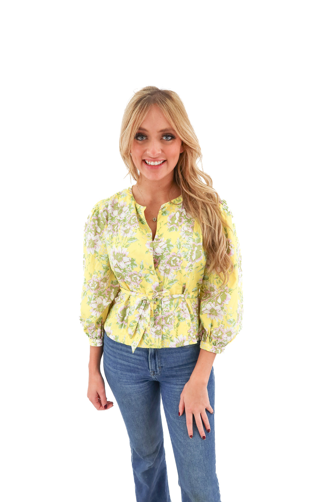 avara yellow floral wrap top NWT (s; retail $68)