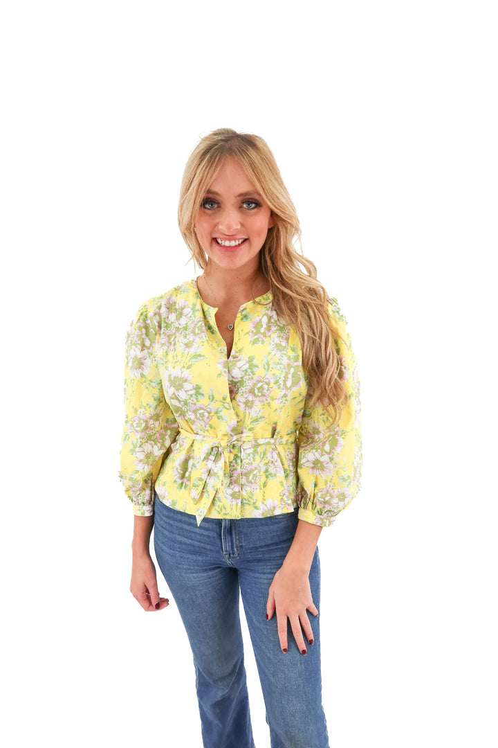 avara yellow floral wrap top NWT (s; retail $68)