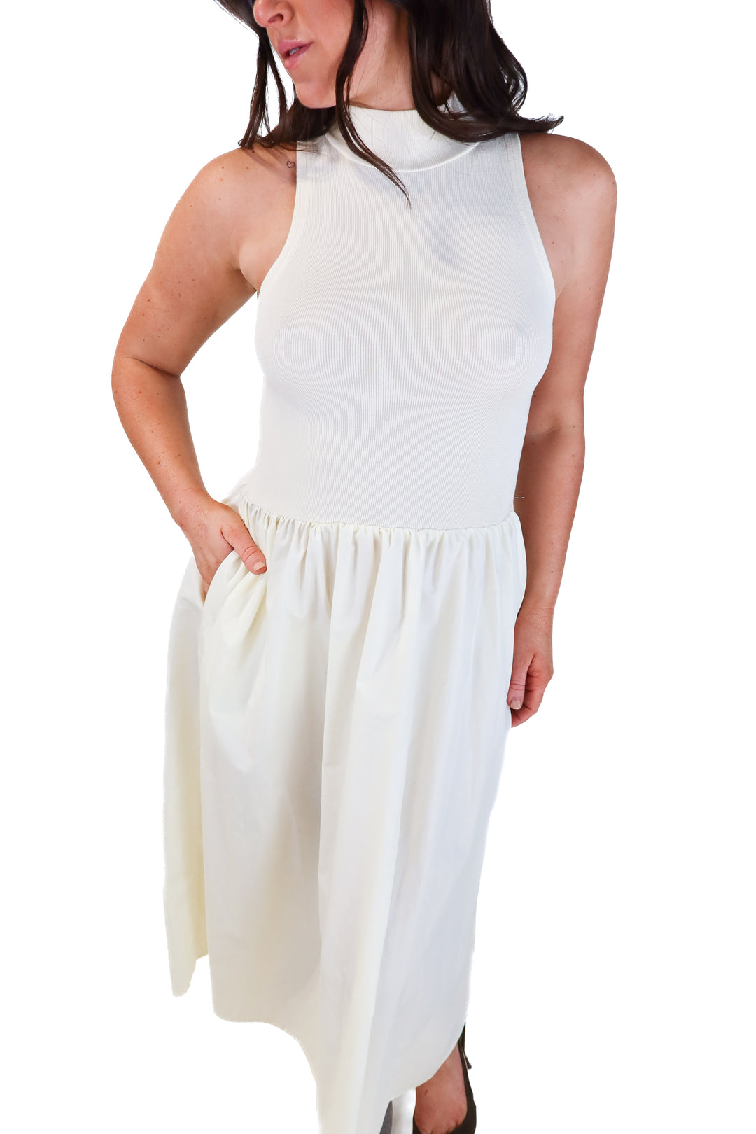 cream/white knit mockneck midi dress (s)
