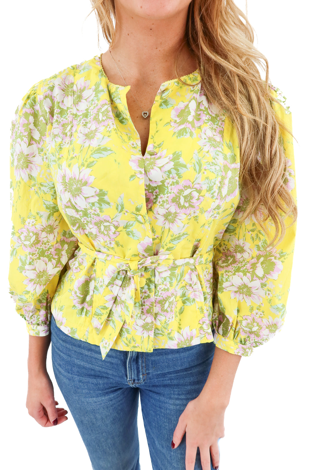 avara yellow floral wrap top NWT (s; retail $68)