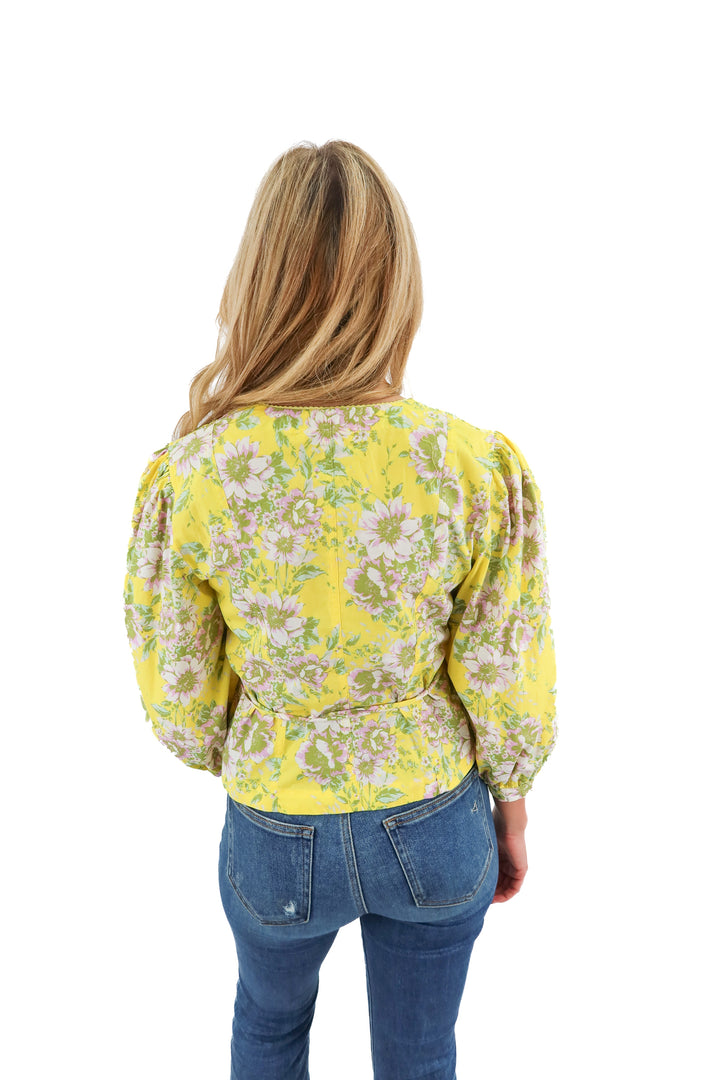 avara yellow floral wrap top NWT (s; retail $68)