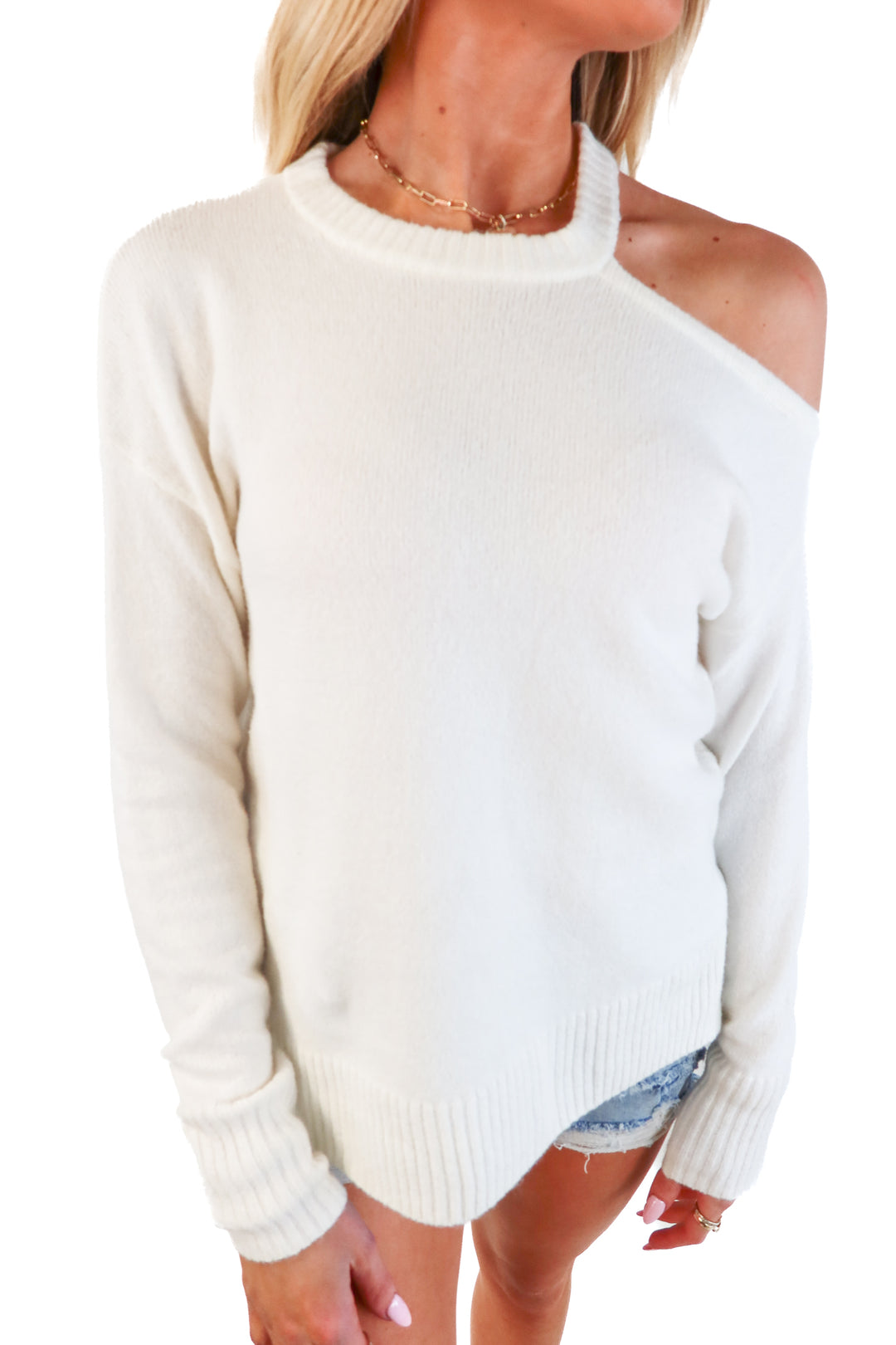 Open Edit Off White Cutout Shoulder Hi-Lo Hem Sweater (XXS)