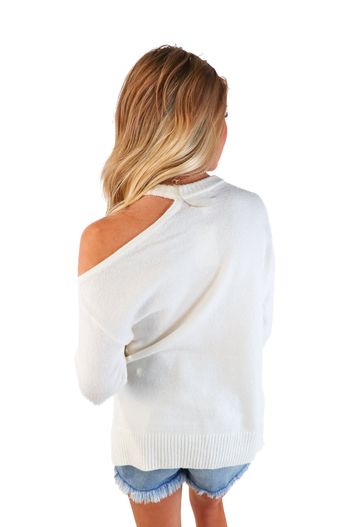 Open Edit Off White Cutout Shoulder Hi-Lo Hem Sweater (XXS)
