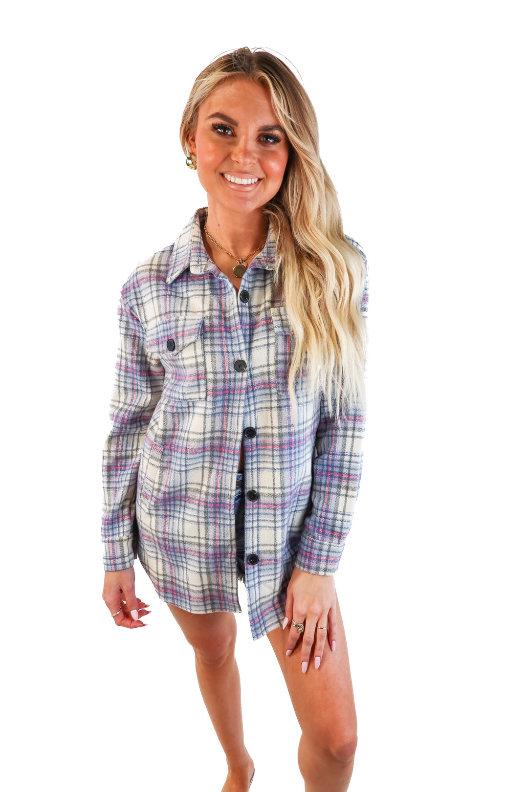Goodnight Macaroon blue/pink/white plaid button up (S; retail $55)