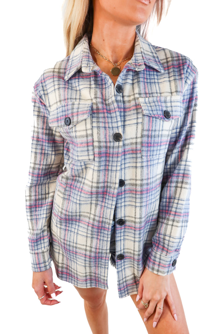 Goodnight Macaroon blue/pink/white plaid button up (S; retail $55)