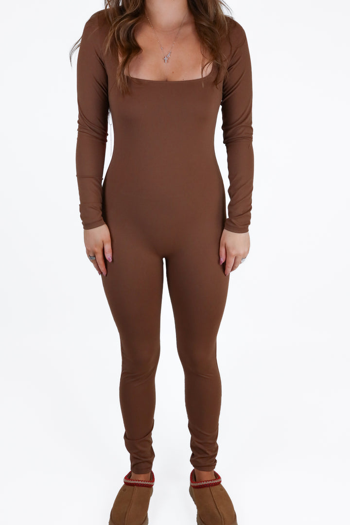 pumiey dark brown fitted long sleeve jumpsuit NWT (S)