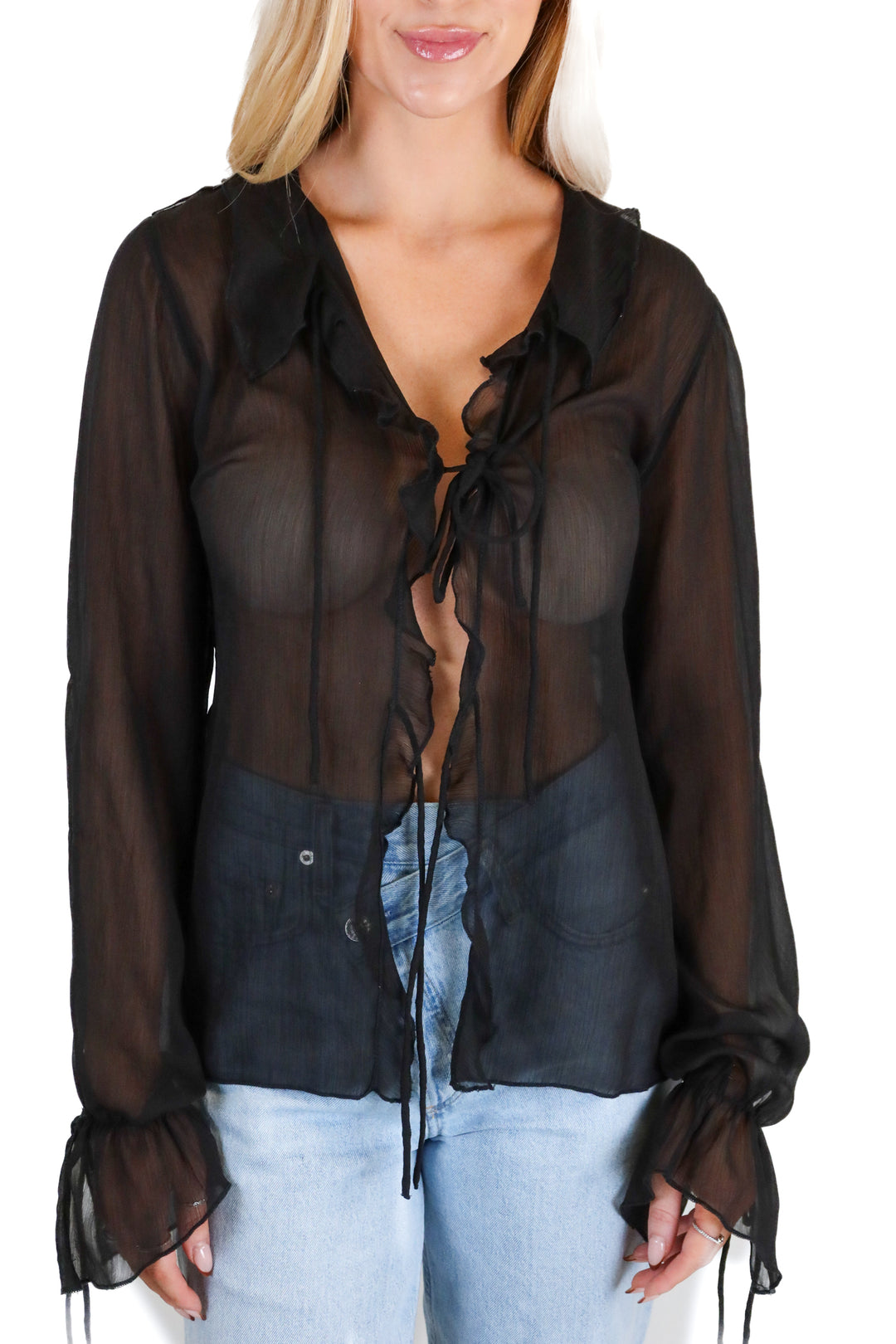 Urban Outfitters Black Tie-Up Sheer Blouse (S)