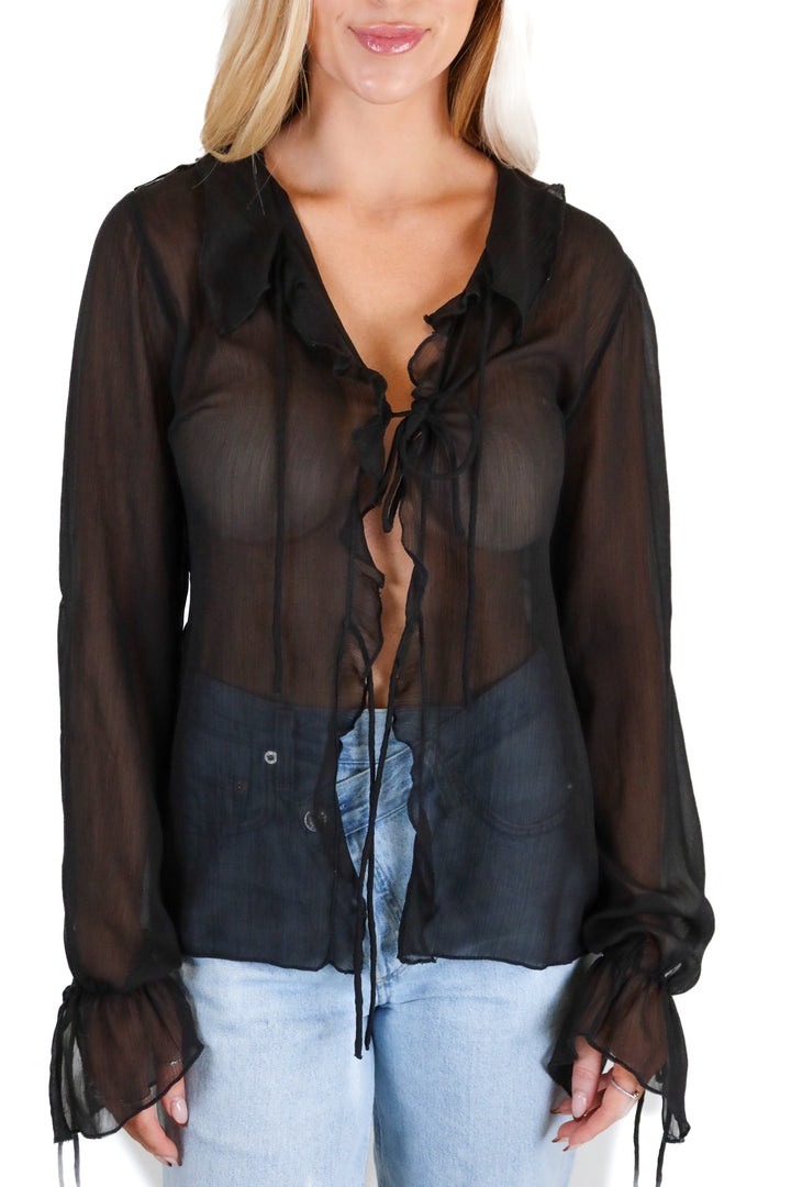 Urban Outfitters Black Tie-Up Sheer Blouse (S)