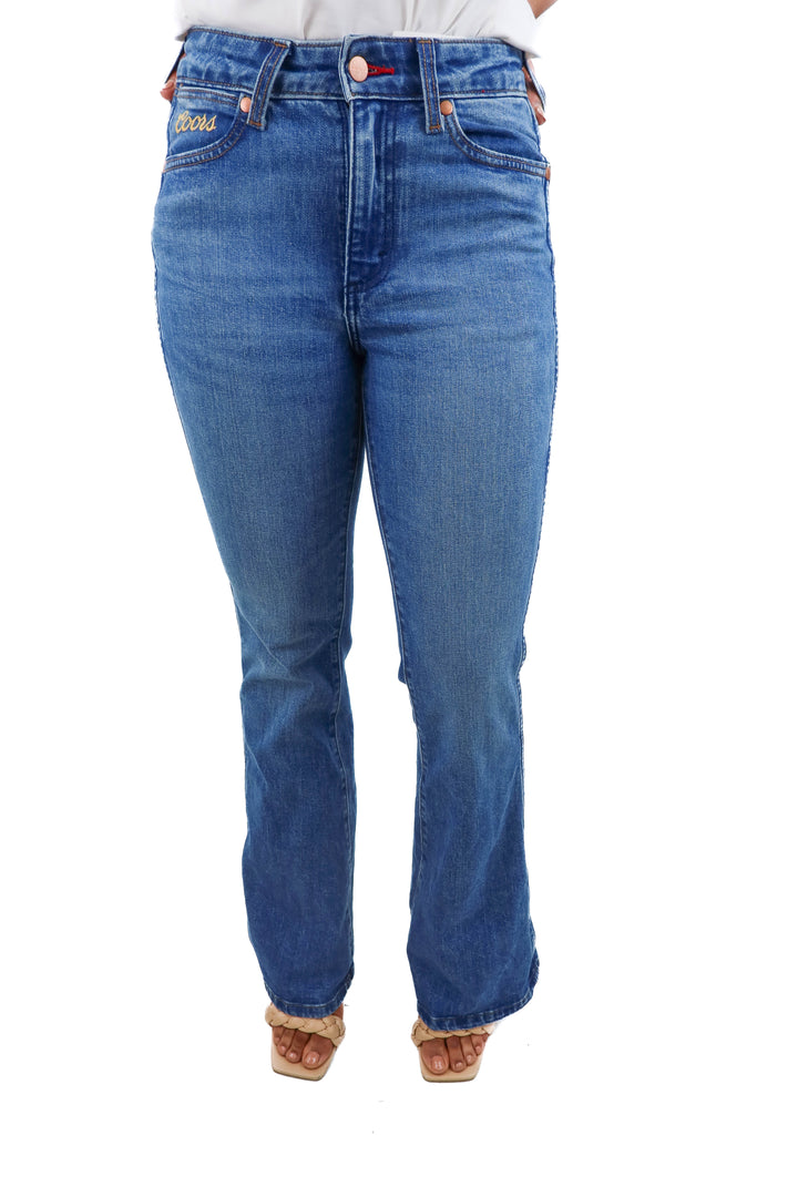 coors X wrangler dark wash flare jeans (25; retail $85)
