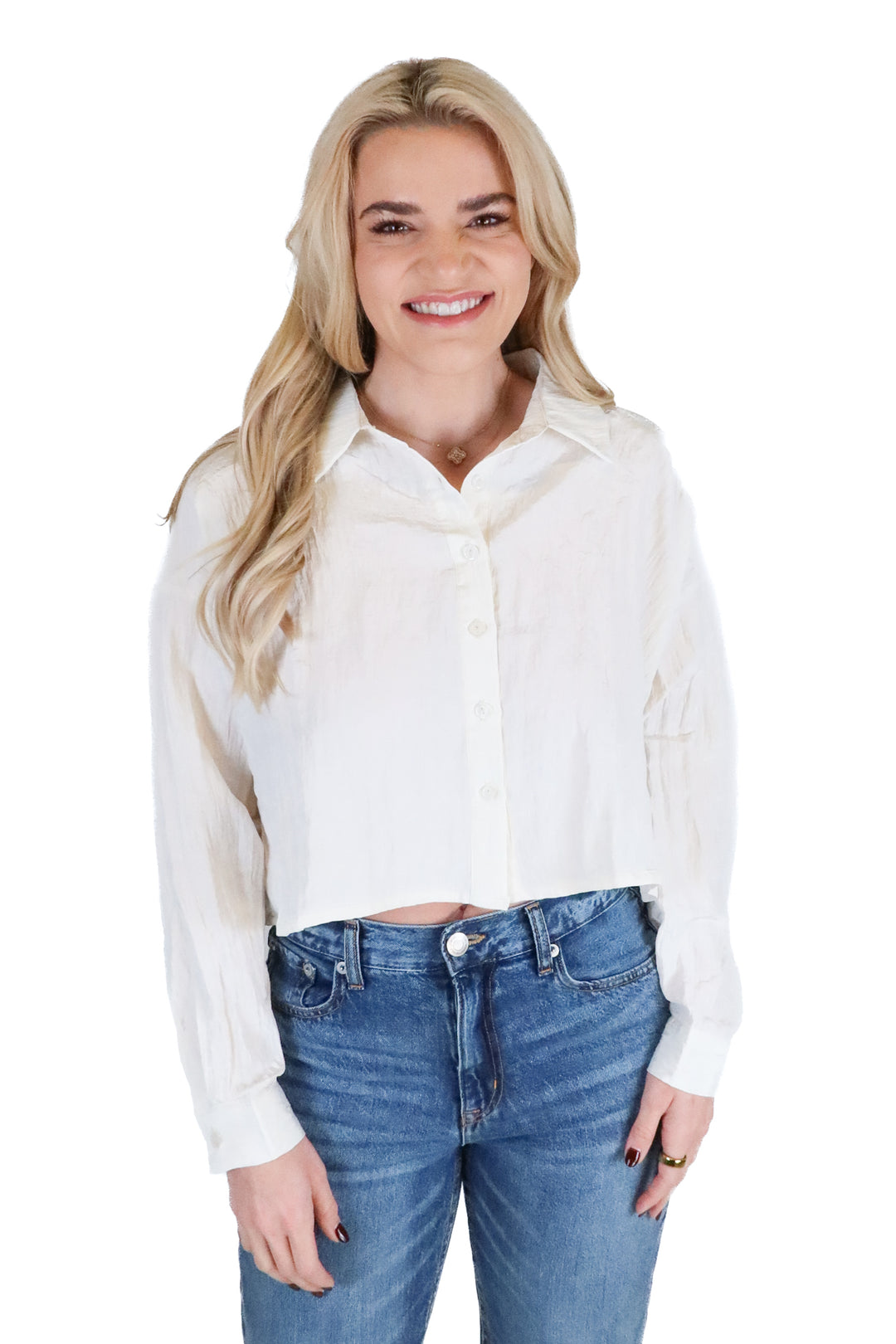 Lumiere White Crinkled Cropped Button Up (S)