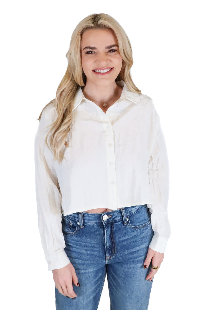 Lumiere White Crinkled Cropped Button Up (S)