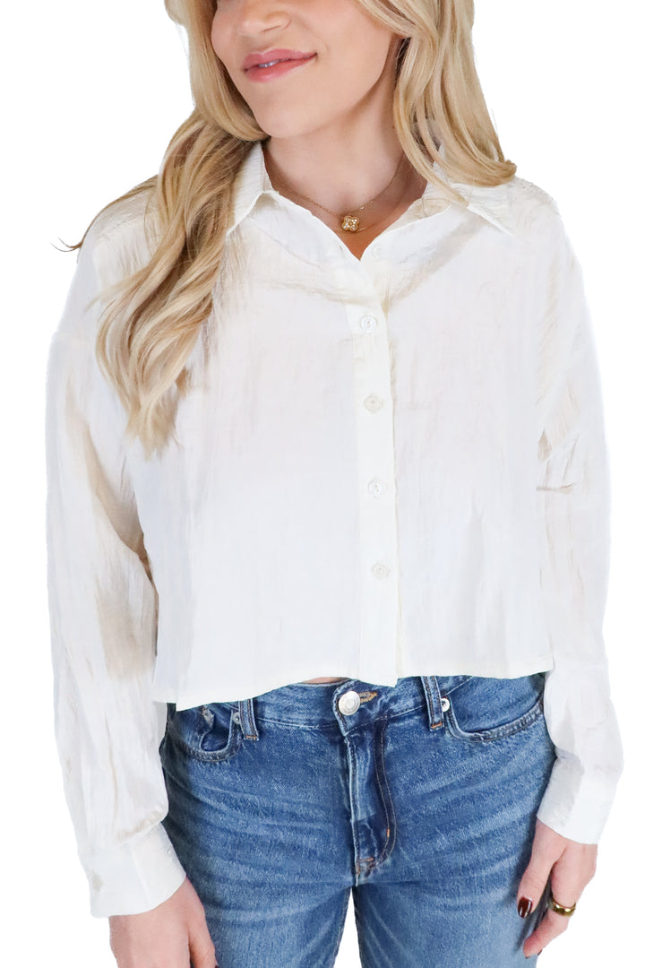 Lumiere White Crinkled Cropped Button Up (S)