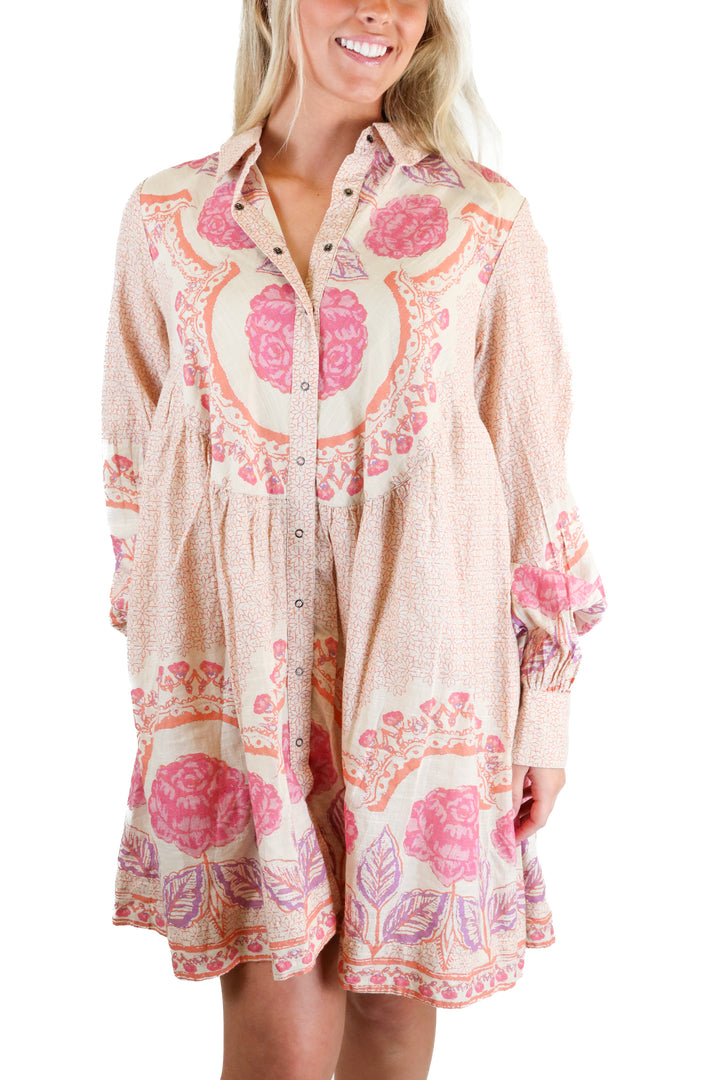 free people patterned button up shift dress (xs) NWT