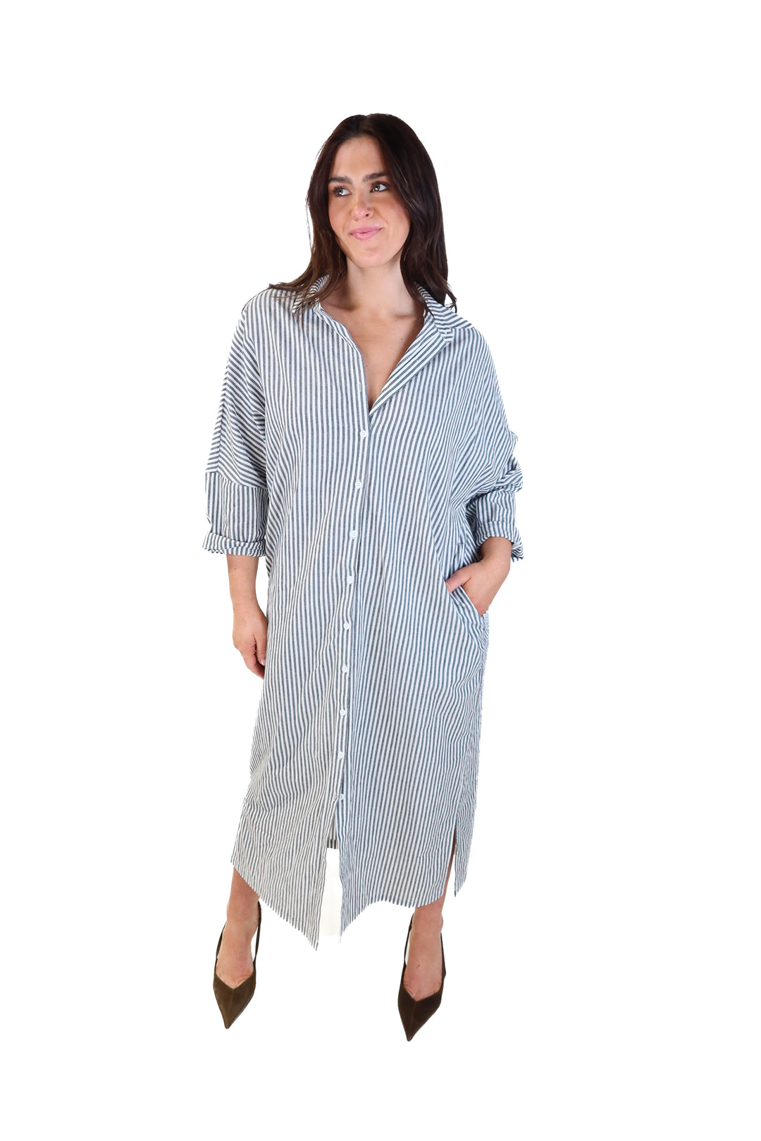 Chou Yatou dark grey/white striped button up maxi dress (s)