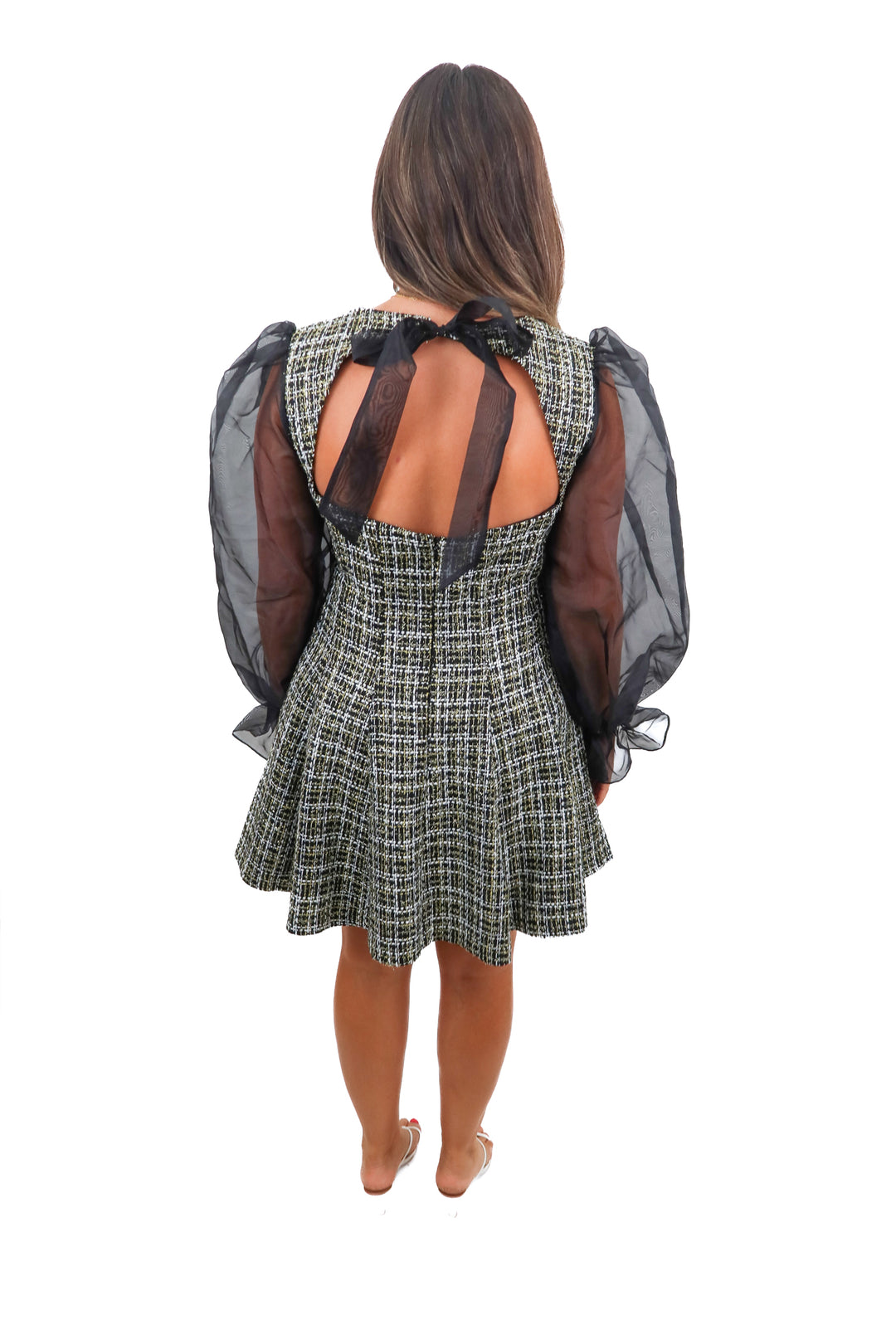 asos black/yellow tweed puff sleeve dress (10; retail $79.99)