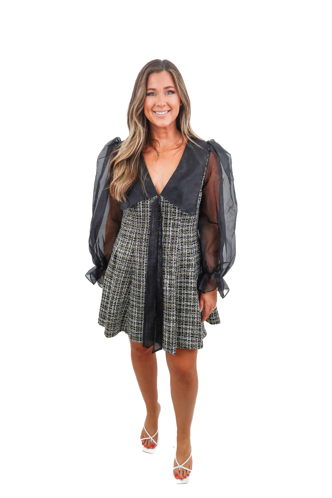asos black/yellow tweed puff sleeve dress (10; retail $79.99)