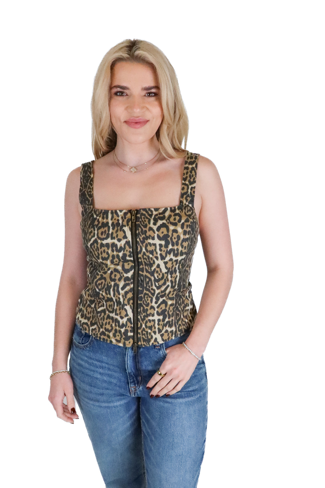 Vici Animal Print Denim Zip-Up Tank Top (S; retail $54)