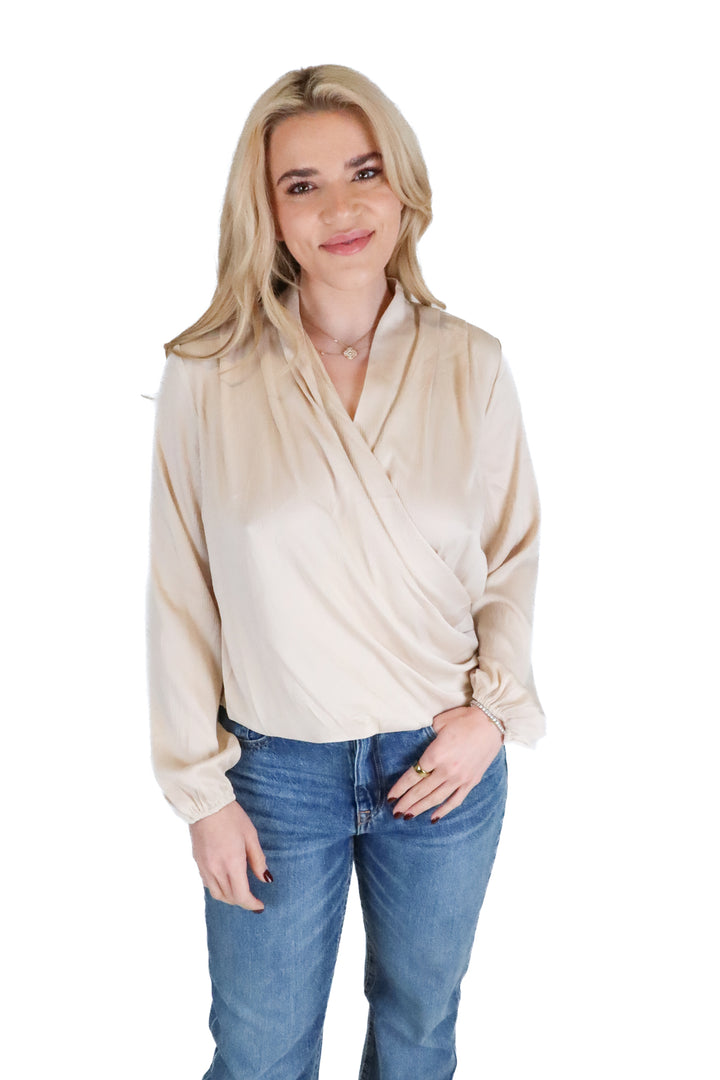 Vici Beige Plisse Criss Cross Blouse (S; retail $58)