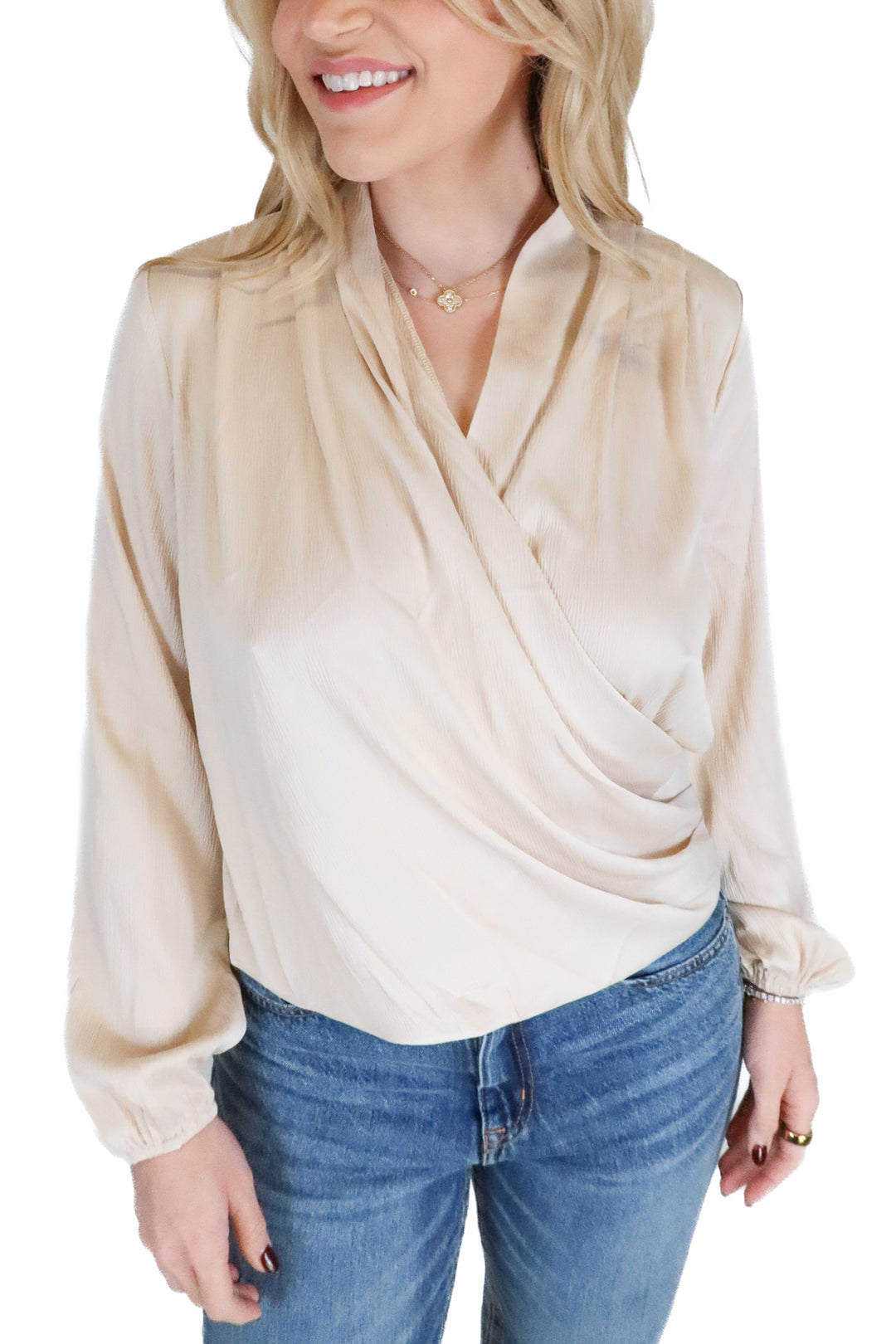Vici Beige Plisse Criss Cross Blouse (S; retail $58)