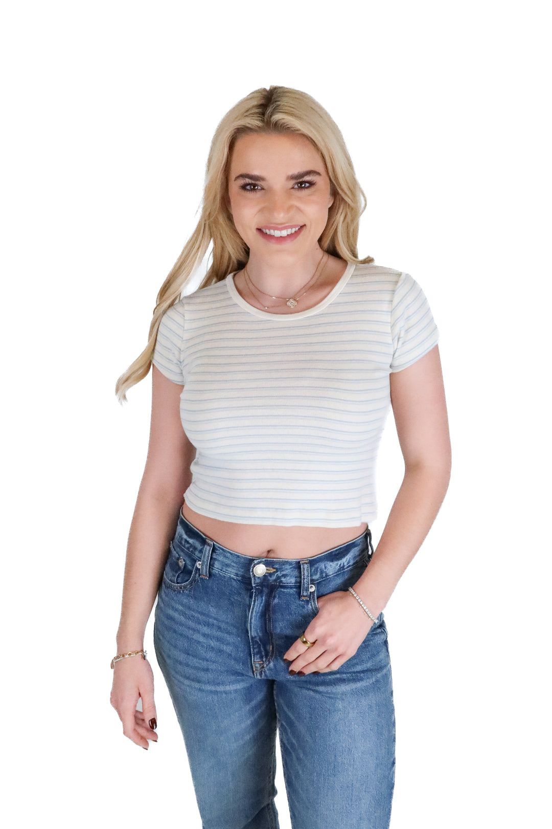 Brandy Melville Baby Blue Striped Baby T-Shirt (S; retail $23)