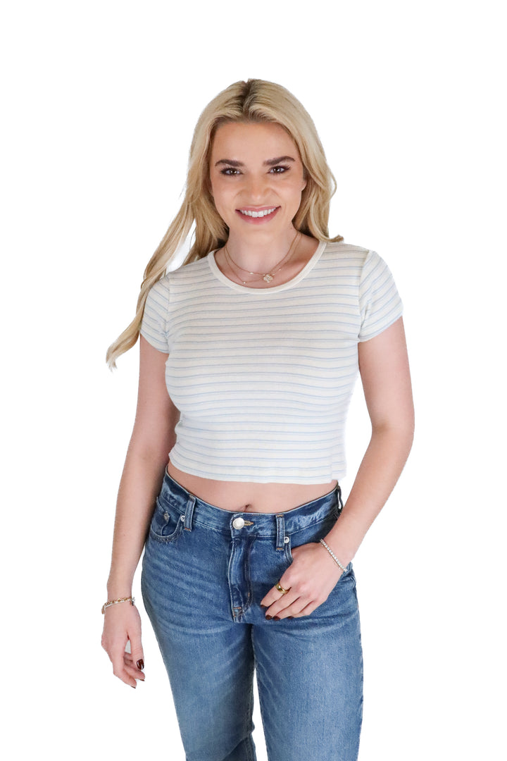 Brandy Melville Baby Blue Striped Baby T-Shirt (S; retail $23)