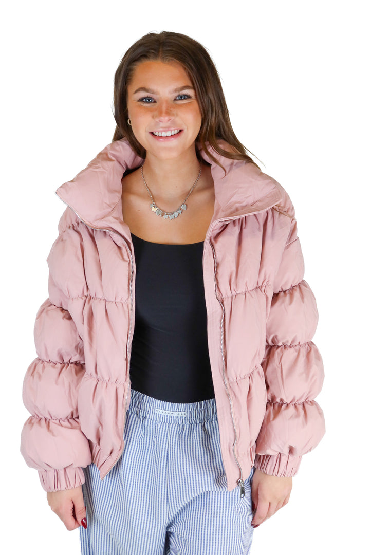 Princess Polly light pink puffer jacket (S; retail $120)