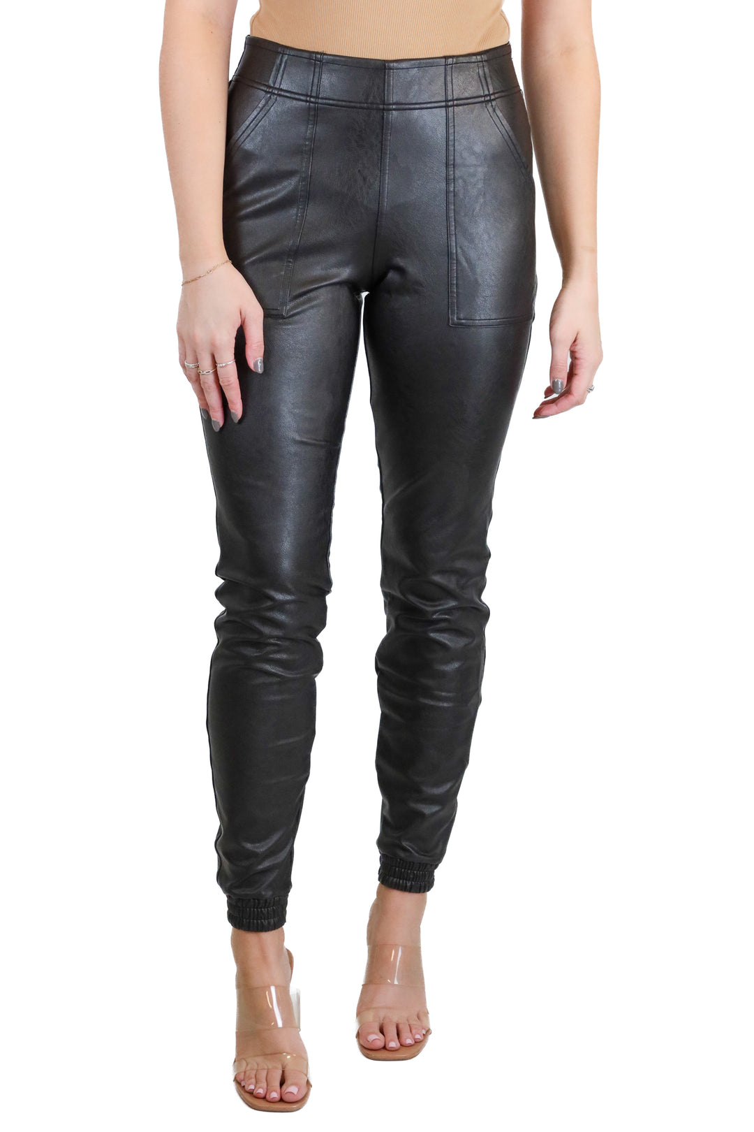 spanx black faux leather joggers (xs)