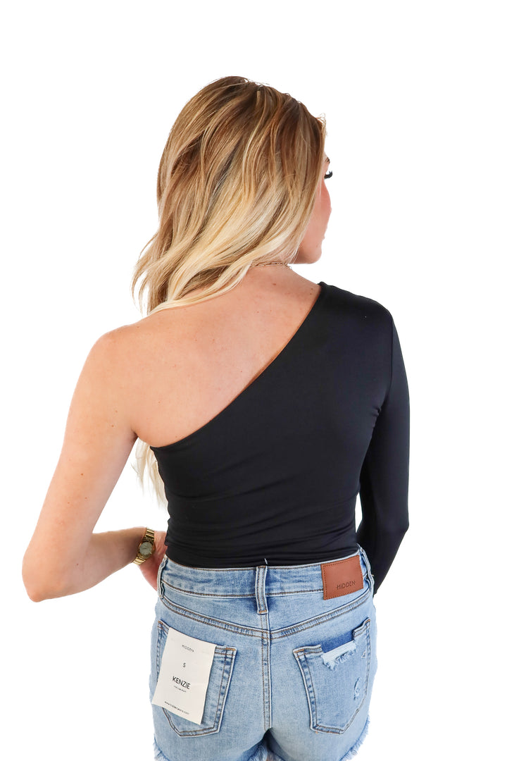 zara black one shoulder long sleeve bodysuit (s)