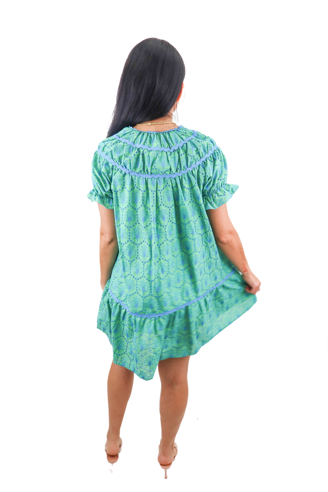 Umgee blue green eyelet mini dress (S; retails $88)