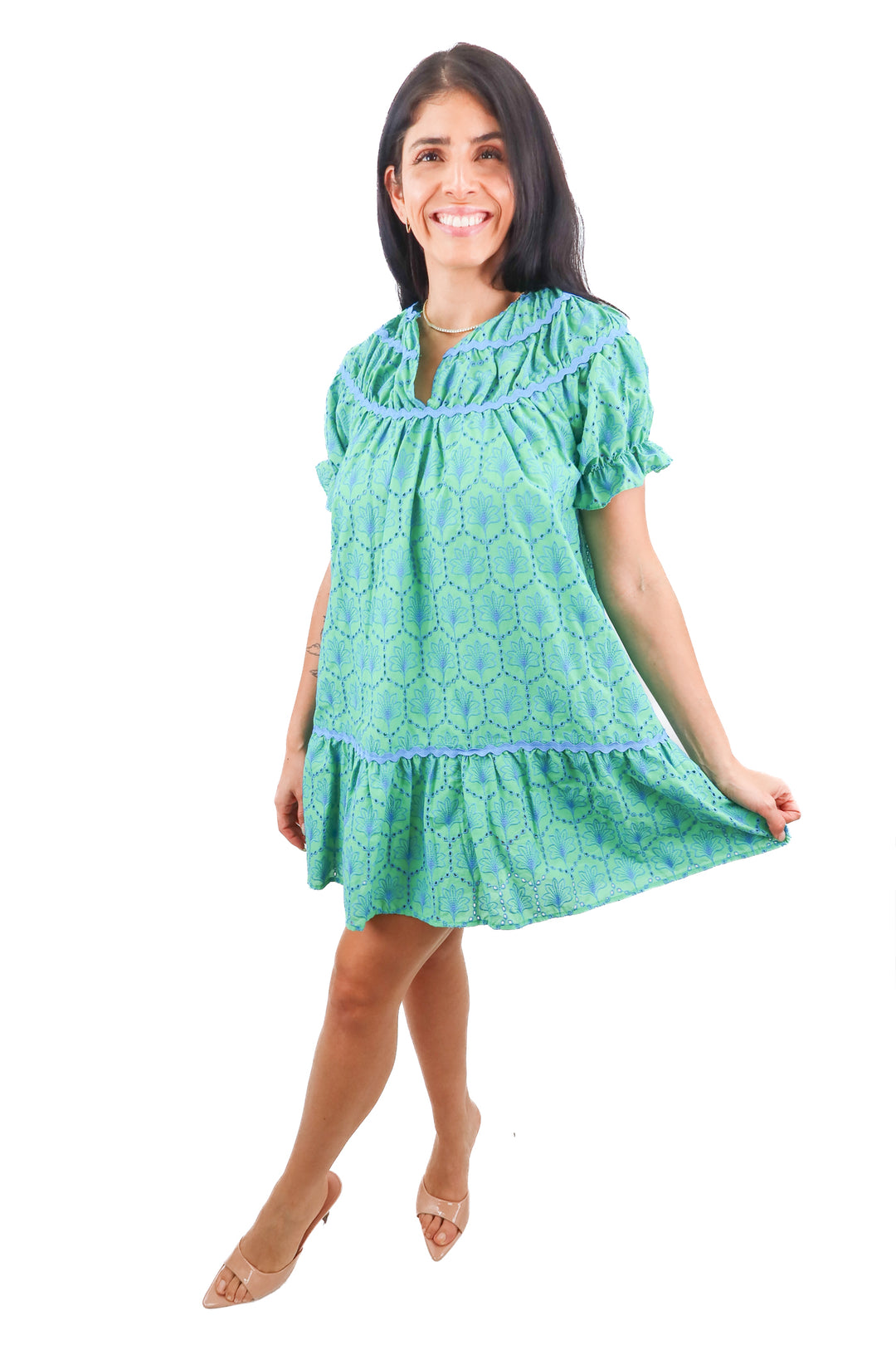 Umgee blue green eyelet mini dress (S; retails $88)