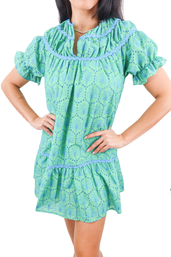 Umgee blue green eyelet mini dress (S; retails $88)
