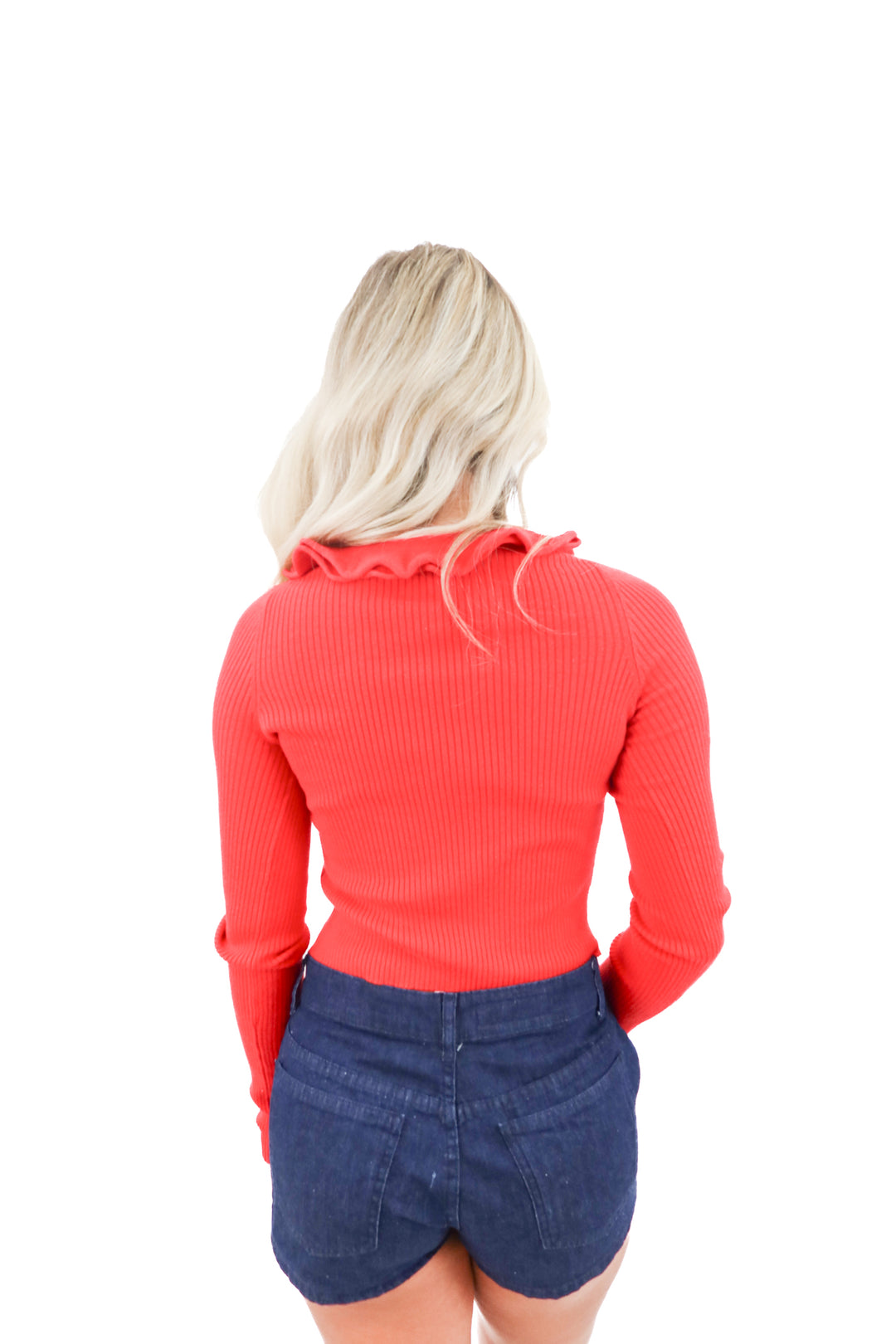 majorelle red ribbed ruffle knit long sleeve top (s)