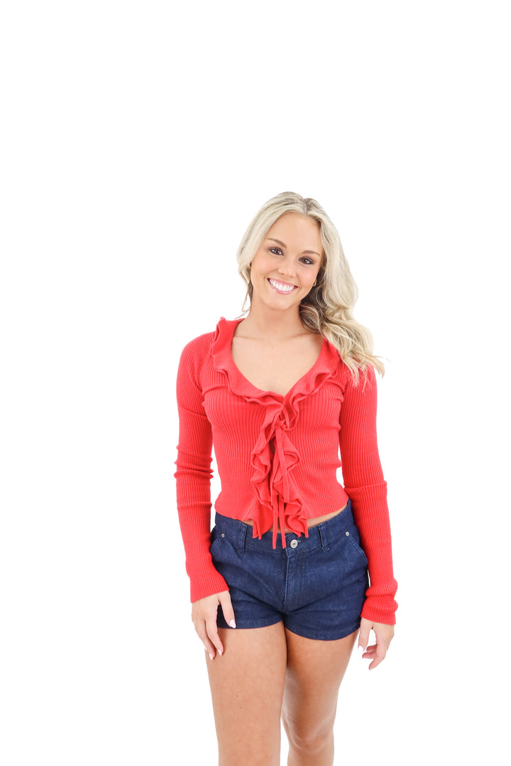 majorelle red ribbed ruffle knit long sleeve top (s)