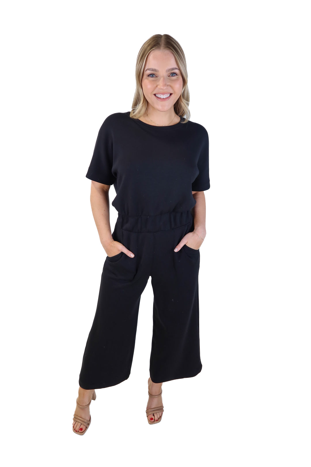 Spanx black short sleeve wide leg jumpsuit (s; retails for $138)