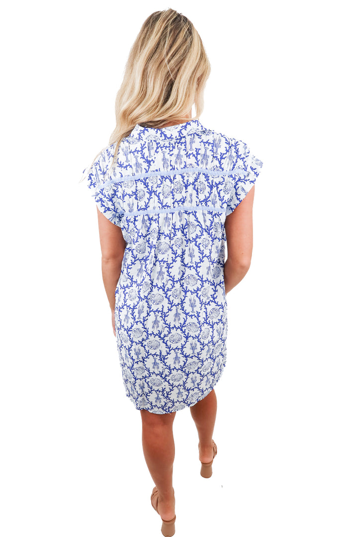 THML blue white seashell lobster print mini dress (XS)