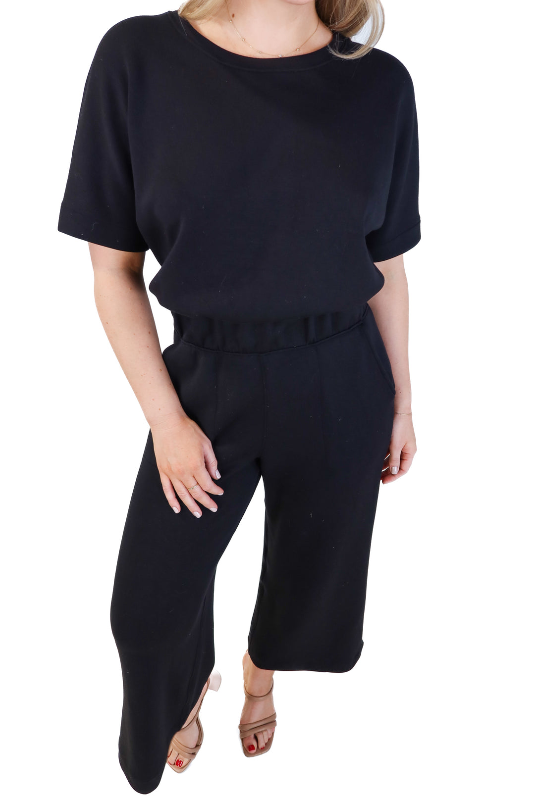Spanx black short sleeve wide leg jumpsuit (s; retails for $138)