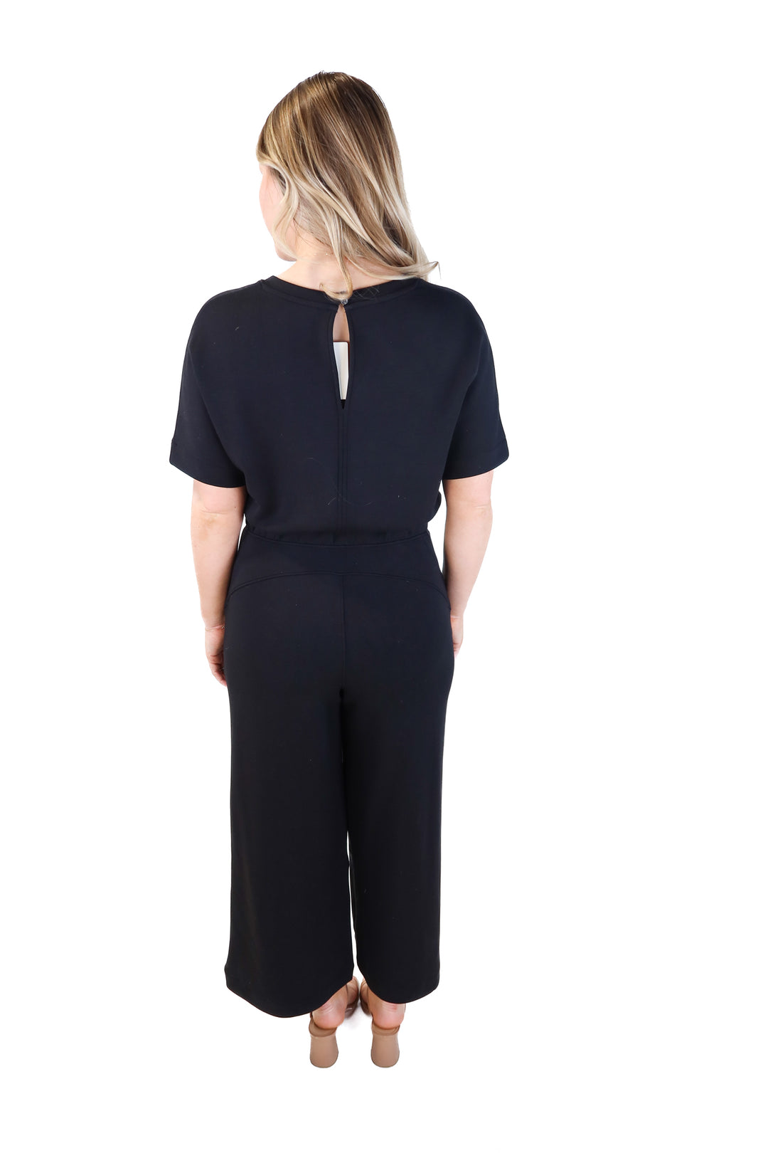 Spanx black short sleeve wide leg jumpsuit (s; retails for $138)