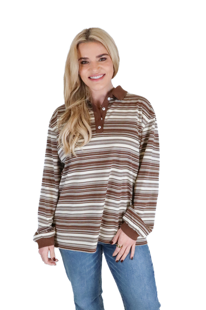 Lovers and Friends Brown Striped Collar Shirt (S; retail $138)