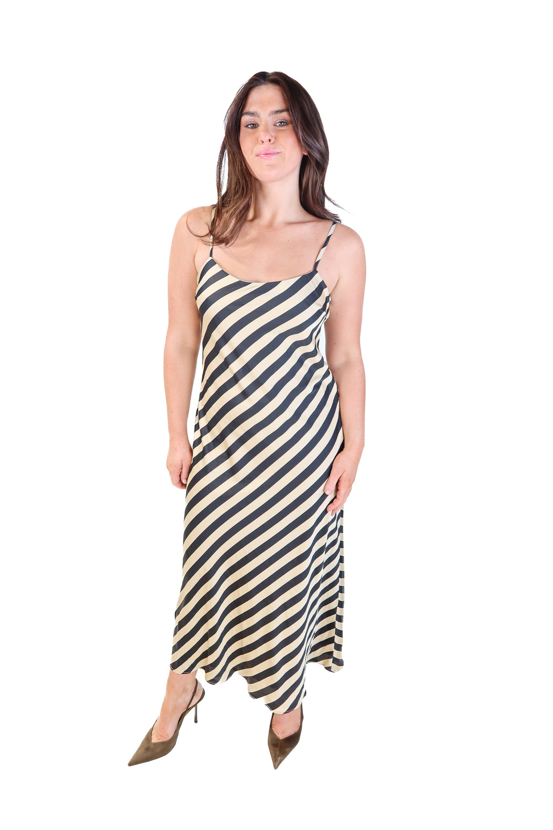 Vici tan/black satin striped maxi dress (m; retail $74)