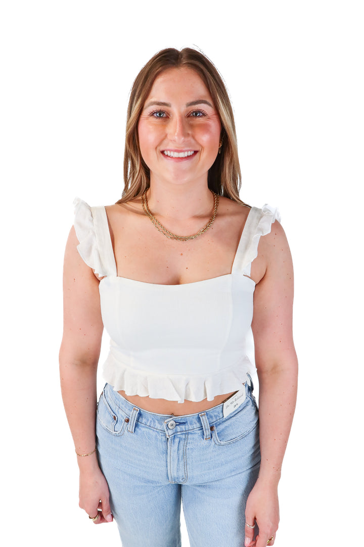 show me your mumu white ruffle top (s)